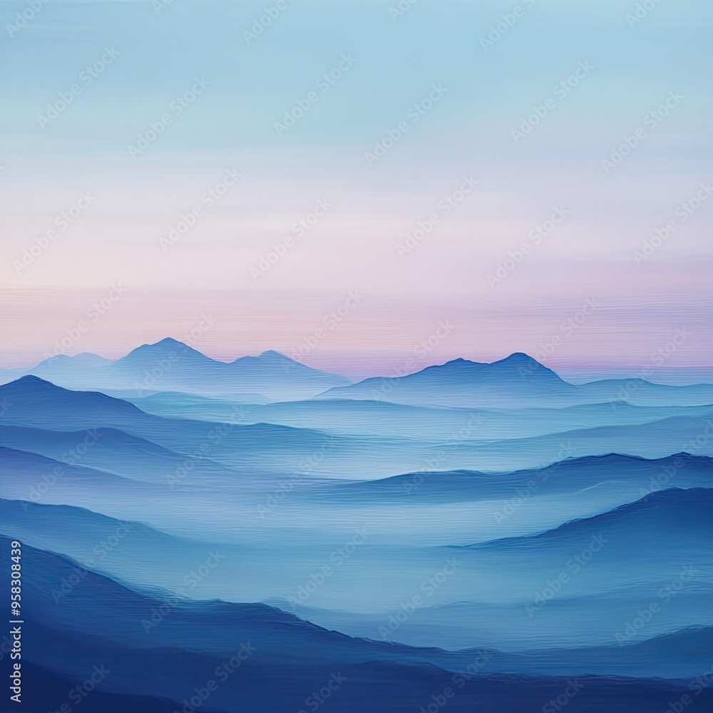 Stunning panoramic view of serene mountains enveloped in soft blue and pastel hues during a tranquil dawn. Stunning panoramic view of serene mountains enveloped in soft blue and pastel hues during a tranquil dawn.