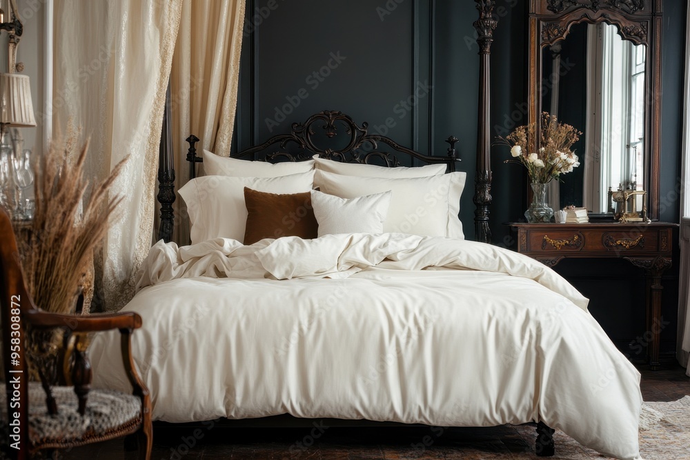 A cozy bedroom featuring a plush white bed, elegant decor, and warm lighting. A cozy bedroom featuring a plush white bed, elegant decor, and warm lighting.