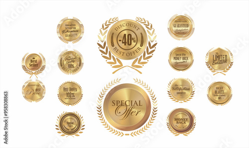 Decorative ornate gold frame label, Premium, quality retro vintage labels collection collection of gorgeous golden labels design set