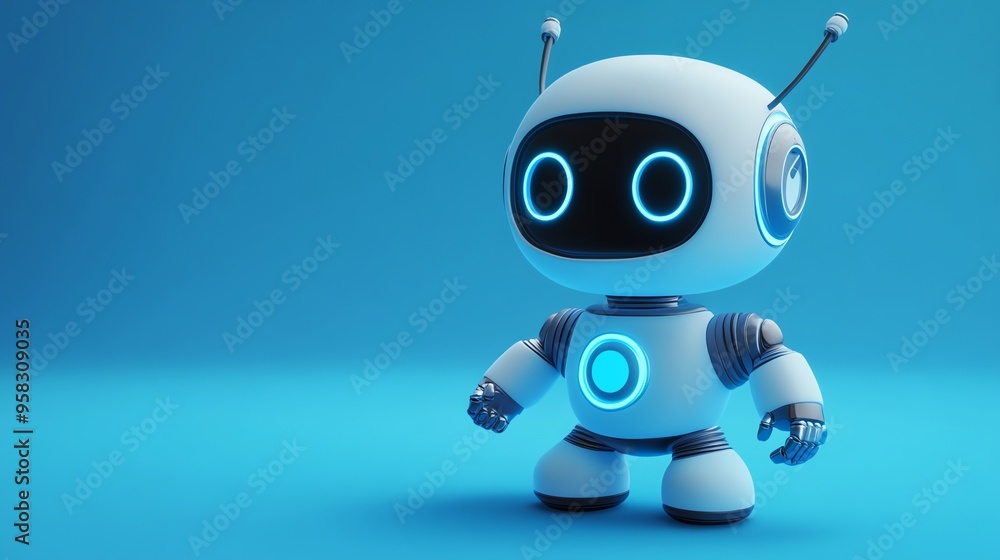 White Robot with Blue Accents Standing on Blue Background White Robot with Blue Accents Standing on Blue Background