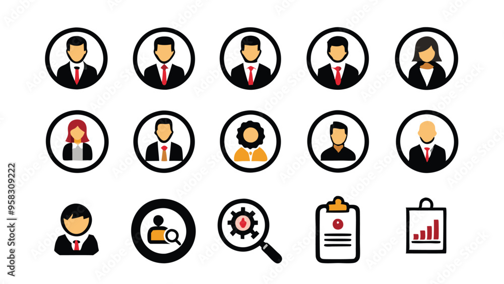 Icon set for recruitment, hiring, business, job search, interview, and candidate selection. Icon set for recruitment, hiring, business, job search, interview, and candidate selection.