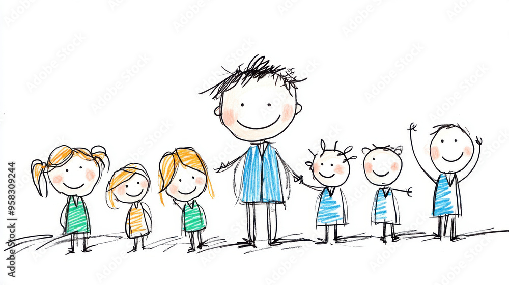 A joyful hand-drawn cartoon depicting a family of six standing together, all smiling in a playful and colorful style. A joyful hand-drawn cartoon depicting a family of six standing together, all smiling in a playful and colorful style.