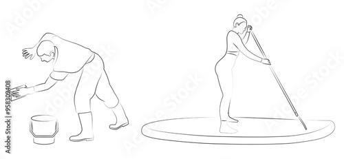 Girl on SUP board, man washing, sketch of silhouettes of people