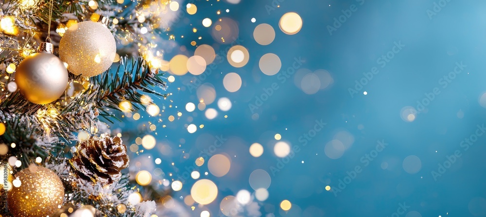 Golden Christmas Tree with Sparkling Lights on Blue Background Golden Christmas Tree with Sparkling Lights on Blue Background
