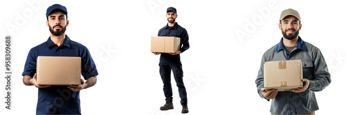 Set of a delivery driver in a uniform, standing confidently with a package in hand isolated on transparent background