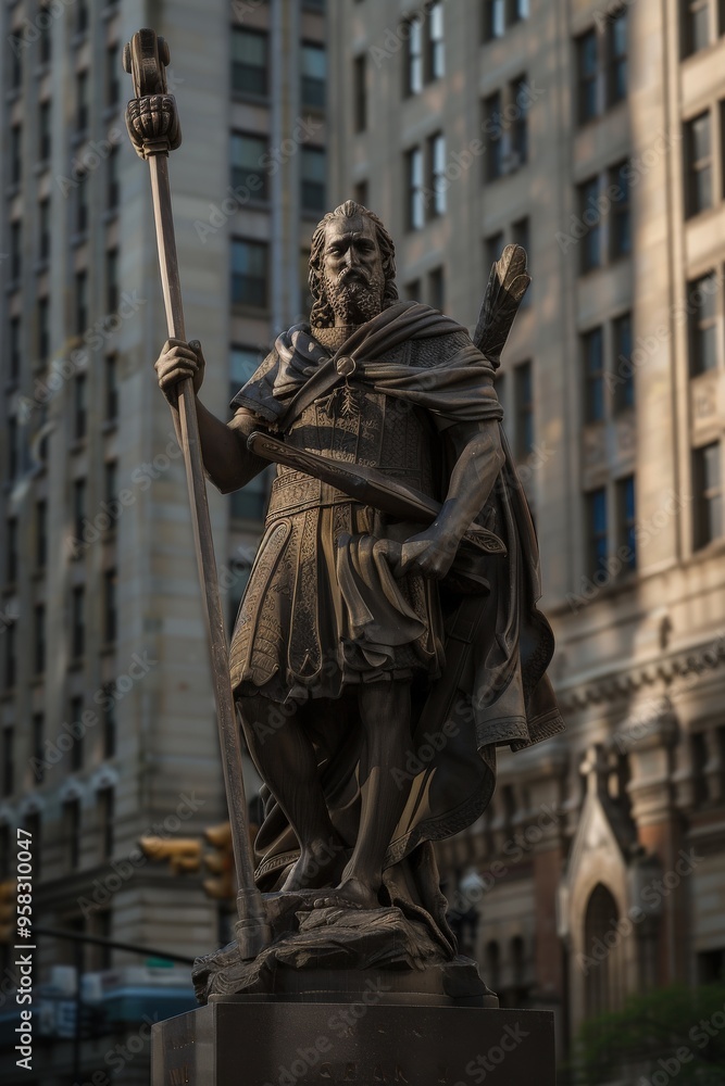 Fototapeta premium Guardians in Cleveland, Ohio: Statue Sculpture Symbolizing Traffic and Architecture