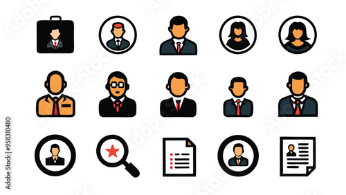 Set of business icons depicting hiring, recruitment, and job interview process.