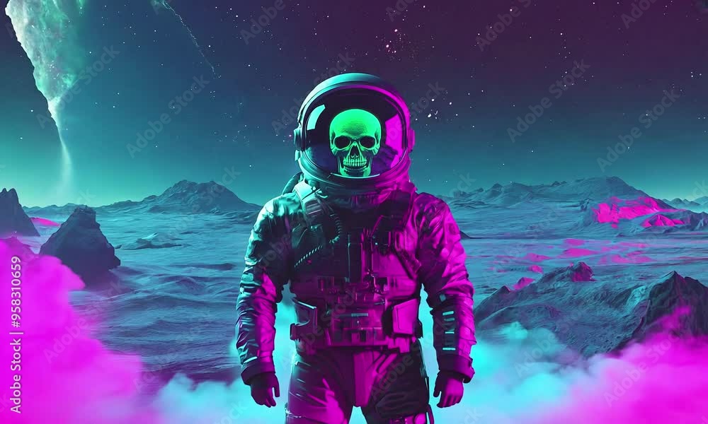 Skull astronaut in space. Purple smoke mood. Skull astronaut in space. Purple smoke mood.