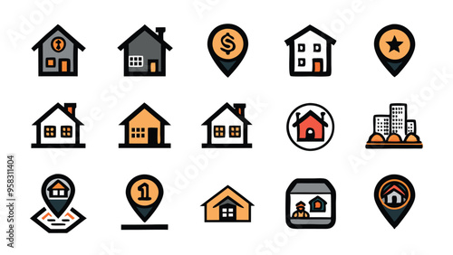 Set of icons related to buying, selling and renting a house or property.