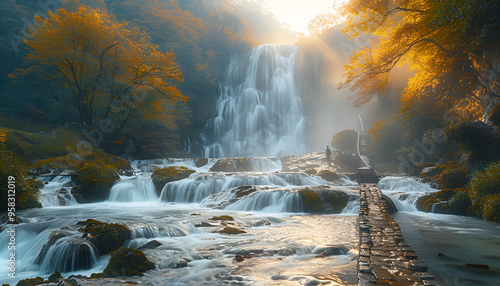 A serene waterfall cascades through a lush forest, surrounded by vibrant green trees and natural beauty.