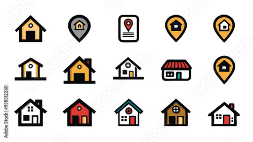Set of house and property icons for real estate.