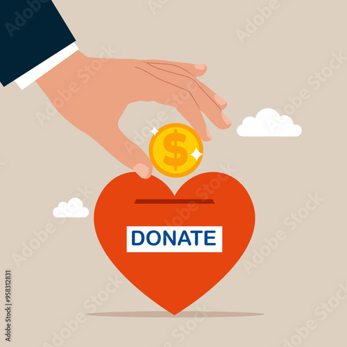 Hand putting coin a Donation Box in the shape of a heart money savings. Modern vector illustration in flat style