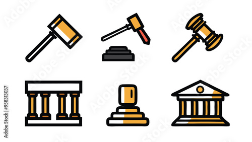Set of 6 legal icons, including gavel, judge, law, online, legal, auction, vector and c.