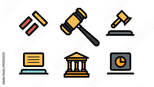 Illustration of six colorful icons related to legal concepts like gavel, courthouse, law, and auction.