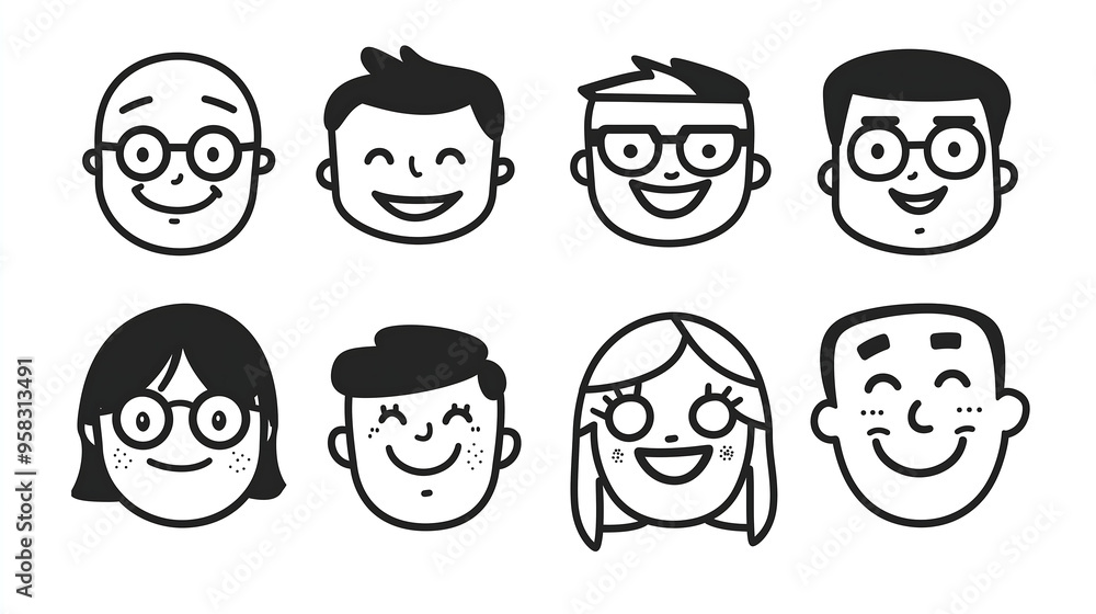 Simple line doodle cartoon character avatar icons of smiling people, male and female heads with glasses on a white background Simple line doodle cartoon character avatar icons of smiling people, male and female heads with glasses on a white background
