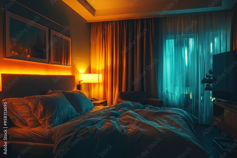 Hotel Room with Bed, Curtains, and Lamp in Warm Lighting Hotel Room with Bed, Curtains, and Lamp in Warm Lighting