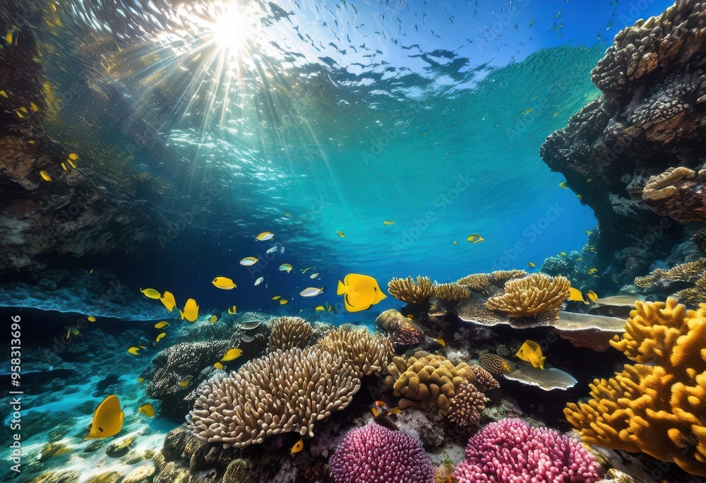 Fototapeta premium breathtaking coastal scenery featuring vibrant marine life colorful exotic crystal clear waters, beach, coastline, coral, fish, ocean, nature, landscape