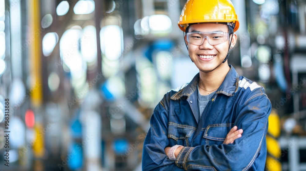 Confident Asian Engineer in Hard Hat and Overalls with Arms Crossed in Industrial Factory, Portrait Confident Asian Engineer in Hard Hat and Overalls with Arms Crossed in Industrial Factory, Portrait