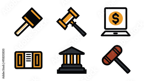 Law icons set, judge gavel, law book, courthouse, online legal auction, vector illustration.