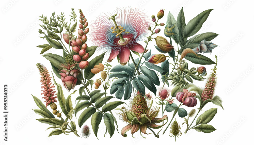 Obraz premium Detailed botanical illustrations of exotic plants and flowers, Generated Ai
