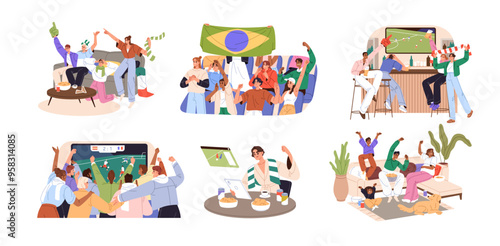 Football fans support teams set. Friends watch soccer match on TV, in sport bar. Men and women rejoice at game, celebrating goal together. Flat isolated vector illustrations on white background