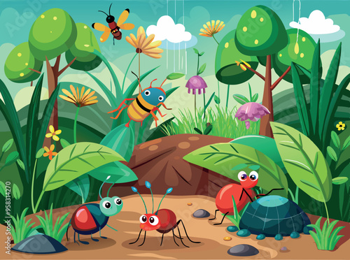 Insects having fun in a colorful garden with flowers and plantsgiardino con insetti3.eps
