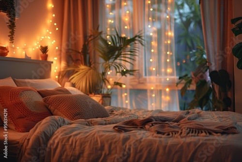 Cozy Bedroom with Fairy Lights and Warm Glow