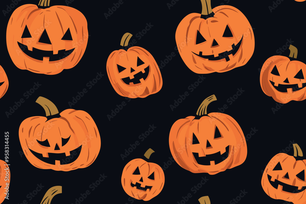 Halloween pumpkin seamless banner. Spooky squash lanterns silhouettes, scary jack-o-lanterns halloween flat vector background illustration. Halloween holiday party endless poster Halloween pumpkin seamless banner. Spooky squash lanterns silhouettes, scary jack-o-lanterns halloween flat vector background illustration. Halloween holiday party endless poster