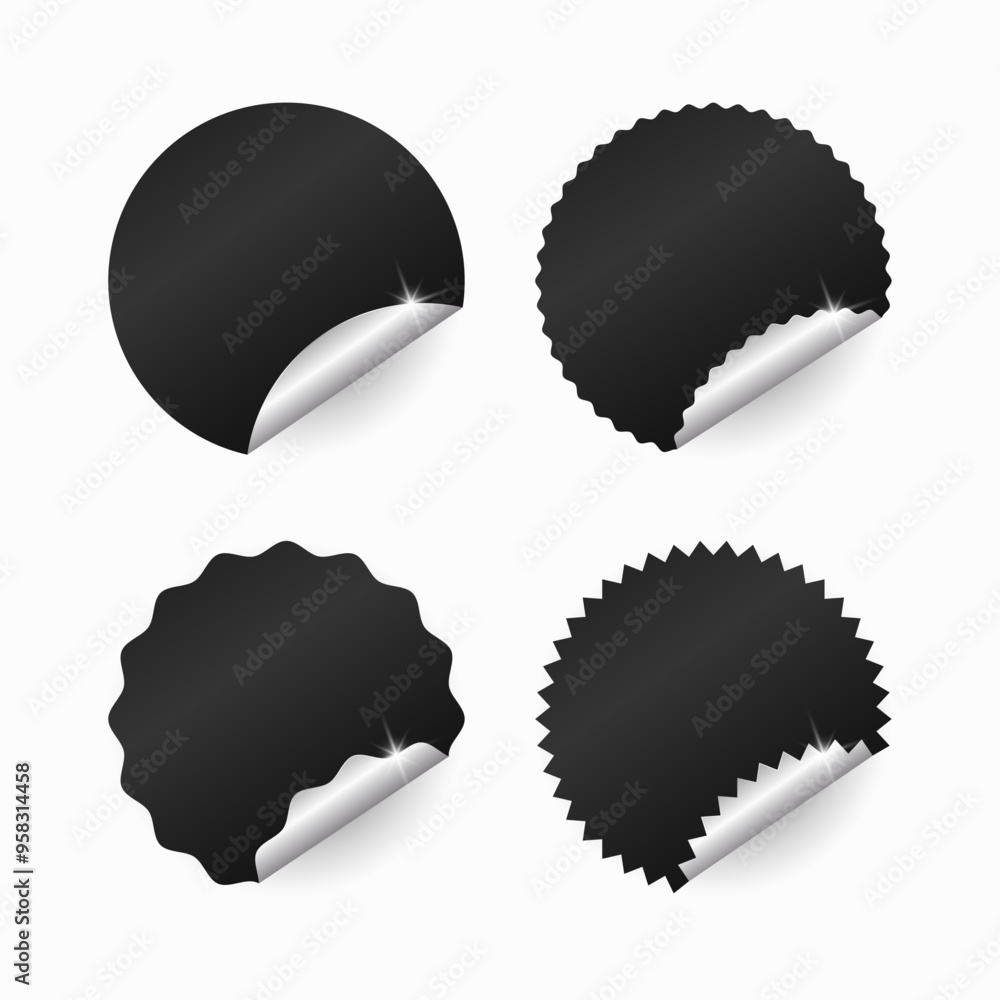 Black shiny stickers on white background. Black and silver stickers. Black shiny stickers on white background. Black and silver stickers.