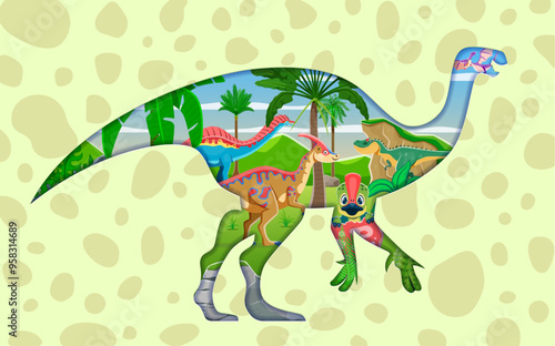 Prehistoric paper cut dinosaur with Jurassic era dino and funny lizard characters, cartoon vector. Cutout dinosaur cutout frame with parasaurolophus, amargasaurus or allosaurus and baby dino in egg
