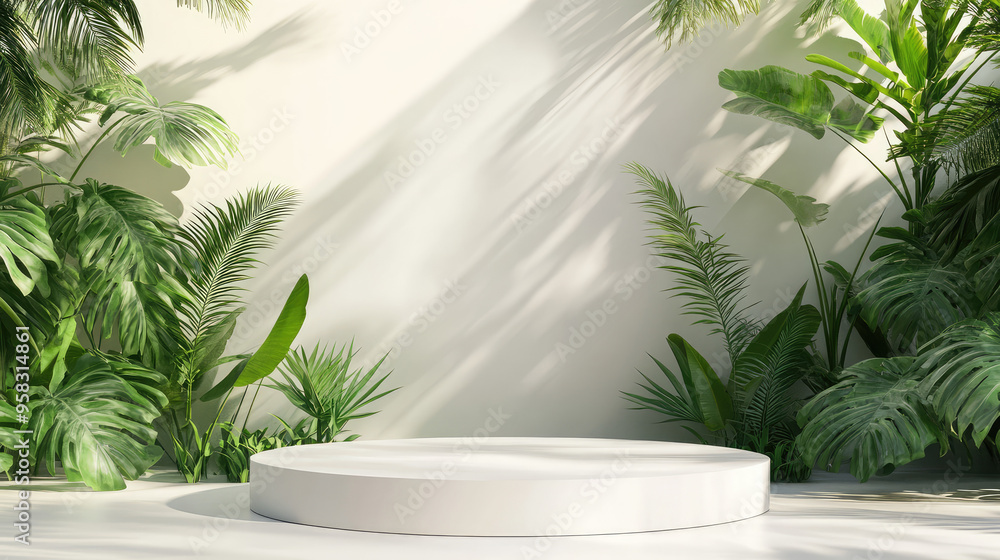 Chic white podium in a 3D abstract minimal design, featuring a rich green forest backdrop. Chic white podium in a 3D abstract minimal design, featuring a rich green forest backdrop.