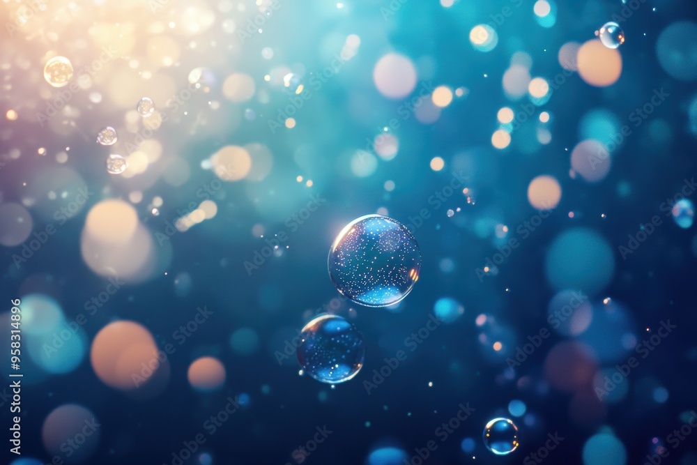 Magical bubbles floating in sparkling blue bokeh backdrop Magical bubbles floating in sparkling blue bokeh backdrop