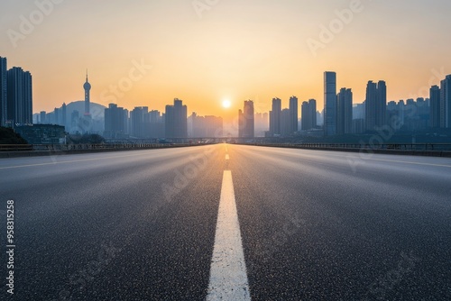 Straight asphalt highway road with modern city buildings at sunrise in Chongqing , ai