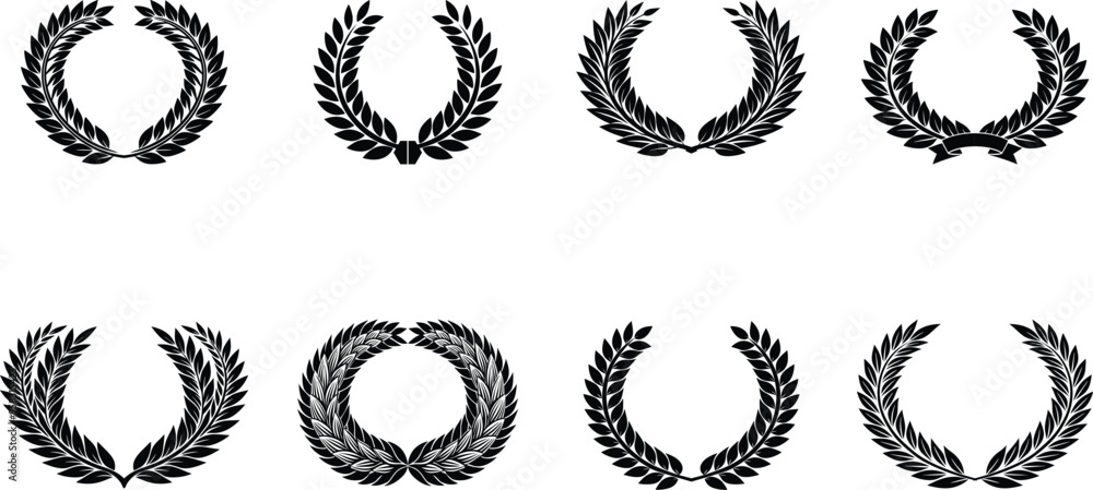 Set of black and white silhouette circular laurel foliate and wheat wreaths depicting an award achievement Set of black and white silhouette circular laurel foliate and wheat wreaths depicting an award achievement