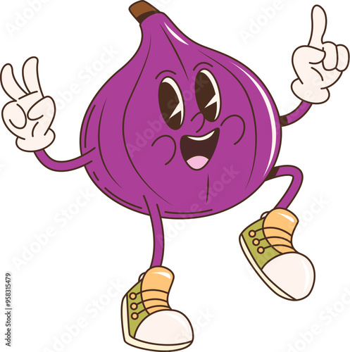 Retro cartoon groovy figs fruit character with a joyful expression, wearing sneakers and making peace signs with hand. Isolated vector vibrant purple fig exudes a fun, energetic, and nostalgic vibe