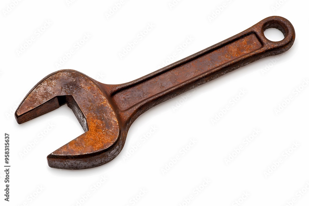 Close-up of an old, rusted adjustable wrench, showcasing its weathered texture and wear, isolated against a white background. Close-up of an old, rusted adjustable wrench, showcasing its weathered texture and wear, isolated against a white background.