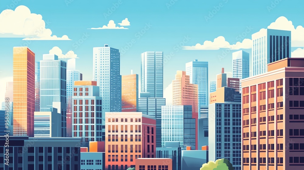 Obraz premium A Vibrant Cityscape with Tall Buildings and a Clear Blue Sky