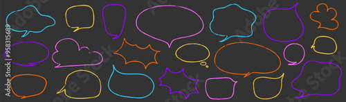 Crayon speech bubble children set. Round, cloud and star frame for text. Chalk texture dialog speech balloon. Crayon bubble for talk and children comic design. Vector illustration