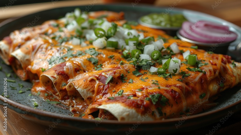 A plate of enchiladas topped with cheese, onions, and cilantro, served with salsa and pickled onions. A plate of enchiladas topped with cheese, onions, and cilantro, served with salsa and pickled onions.
