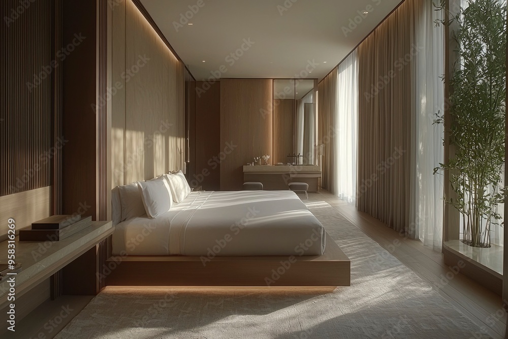 Fototapeta premium Minimalist Bedroom Interior with Large Bed and Sunlight