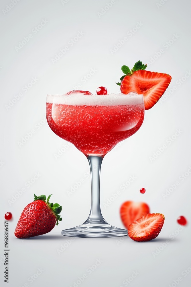 Exquisite Red Cocktail Garnished with Fresh Strawberries, Ice, and Bubbles on a White Background Exquisite Red Cocktail Garnished with Fresh Strawberries, Ice, and Bubbles on a White Background