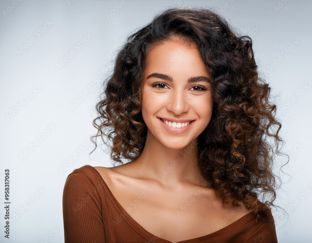 beautiful young smiling confident mixed race woman model with curly dark hair looking at camera with charming cute smile on grey white background beautiful young smiling confident mixed race woman model with curly dark hair looking at camera with charming cute smile on grey white background