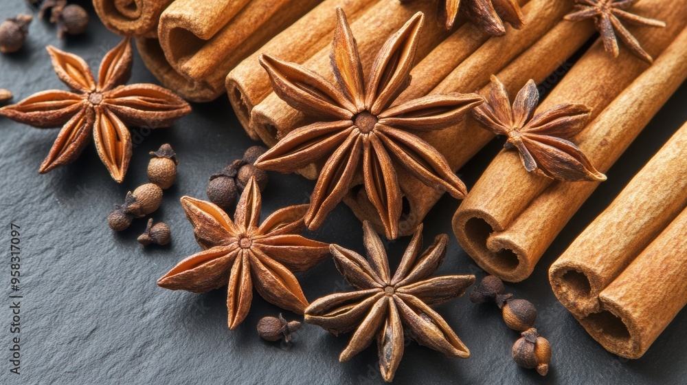 Aromatic cinnamon sticks star anise on dark background Aromatic cinnamon sticks star anise on dark background