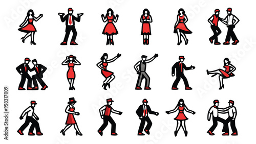 Illustration of line dancers in various poses.