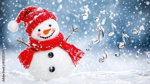 Cheerful snowman wearing red scarf hat with musical notes in snowy winter scene