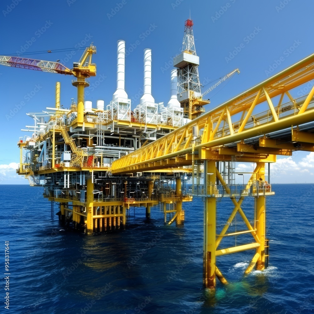 Fototapeta premium Offshore Oil Rig. Platform Drilling at Deep Sea on a Sunny Day. Business and Environment Concept.