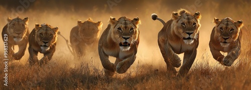 A Pride of Lions Running Through Tall Grass in the Golden Hour