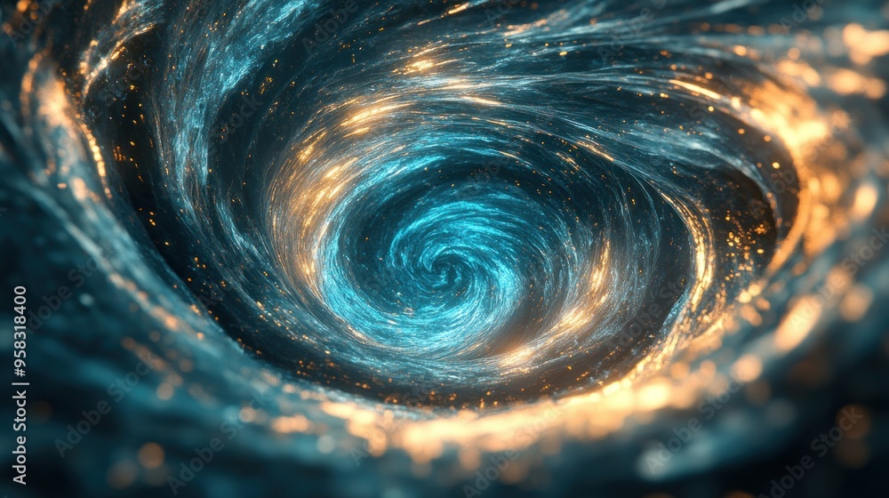 Abstract Blue and Gold Swirling Vortex with Glowing Particles Abstract Blue and Gold Swirling Vortex with Glowing Particles