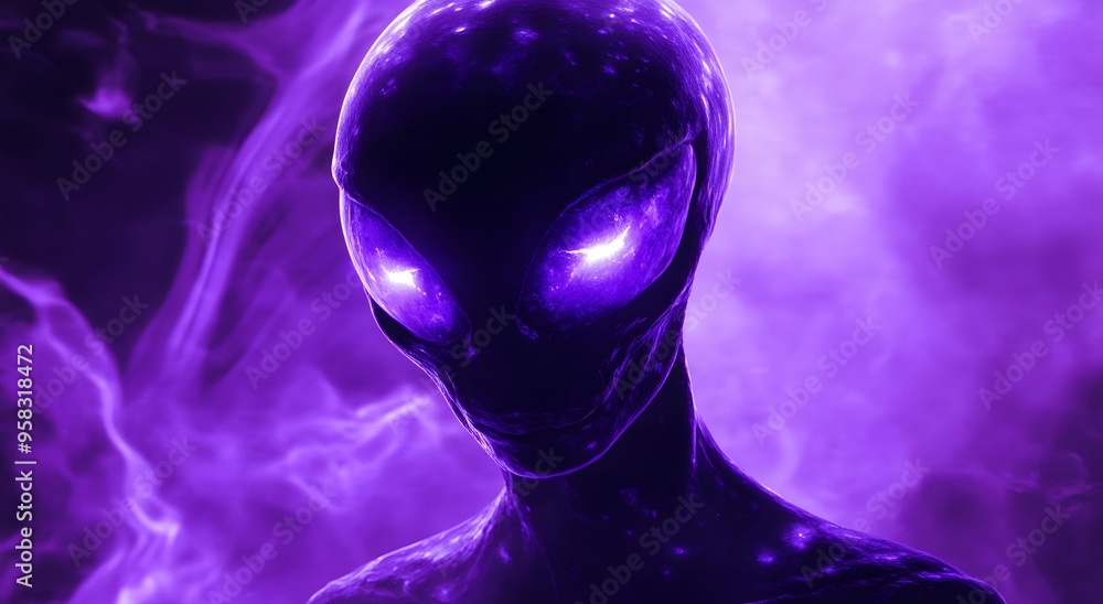 purple photogram of the faceless head and shoulders of an alien with glowing eyes, blurred purple photogram of the faceless head and shoulders of an alien with glowing eyes, blurred