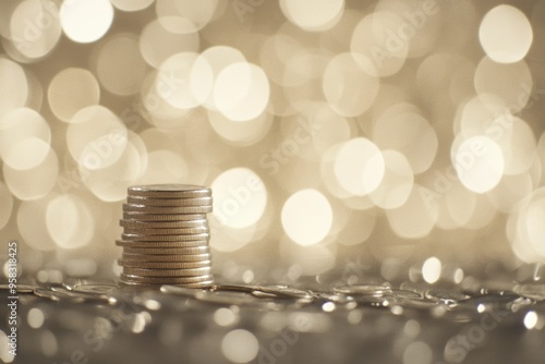 Shimmering coins stack bokeh background depicts wealth photo